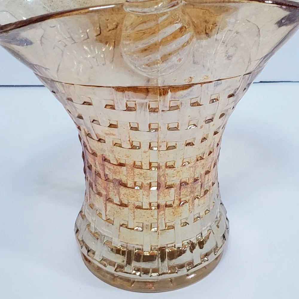 Vintage Imperial Marigold Iridescent Glass Basketweave Basket Amber Rope Handle